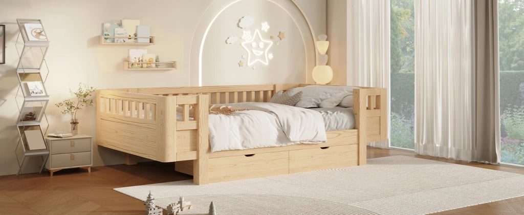Letto a piattaforma con spondale di sicurezza e due cassetti, in legno, colore legno, per cameretta, 90 × 200 cm
