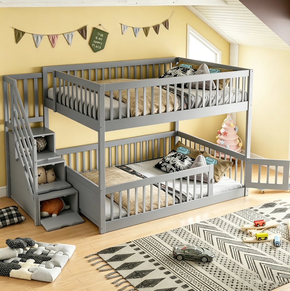 Letto a castello 140x200 cm con scala contenitore e letto inferiore apribile in legno grigio
