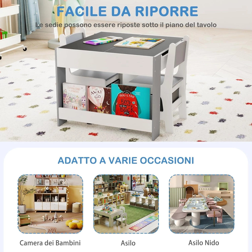 Set Tavolino Bambini con 2 Sedie per Bambini, Tavolo e Sedie 4 in 1 con Piano Doppa Faccia, Librerie Laterali e Scatola in Tessuto, Mobile Salvaspazio per Asilo e Cameretta (Grigio, Stile 2)
