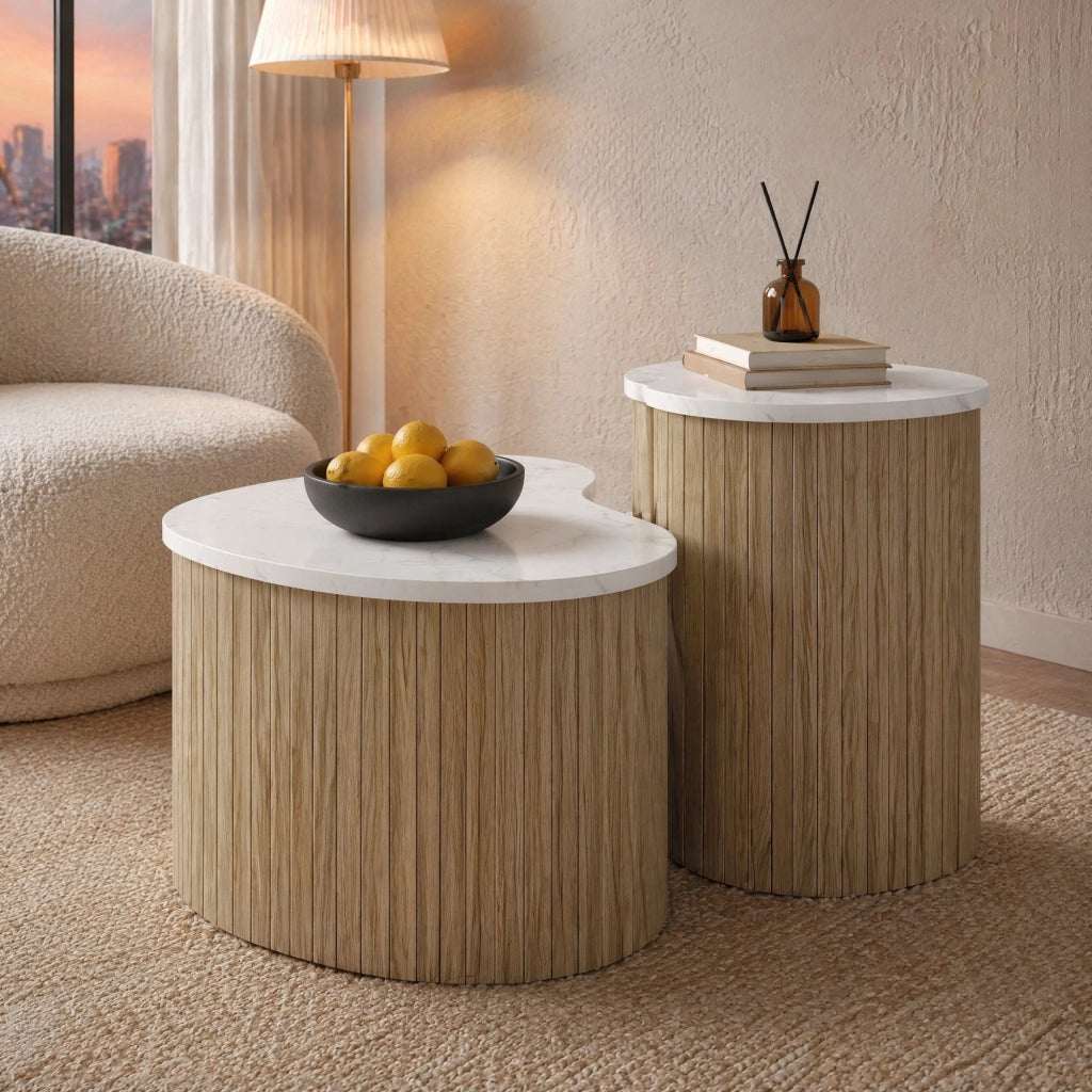 TAVOLINO da caffè Set da 2 pezzi 60x37x38+40x25x50 cm MDF naturale/bianco