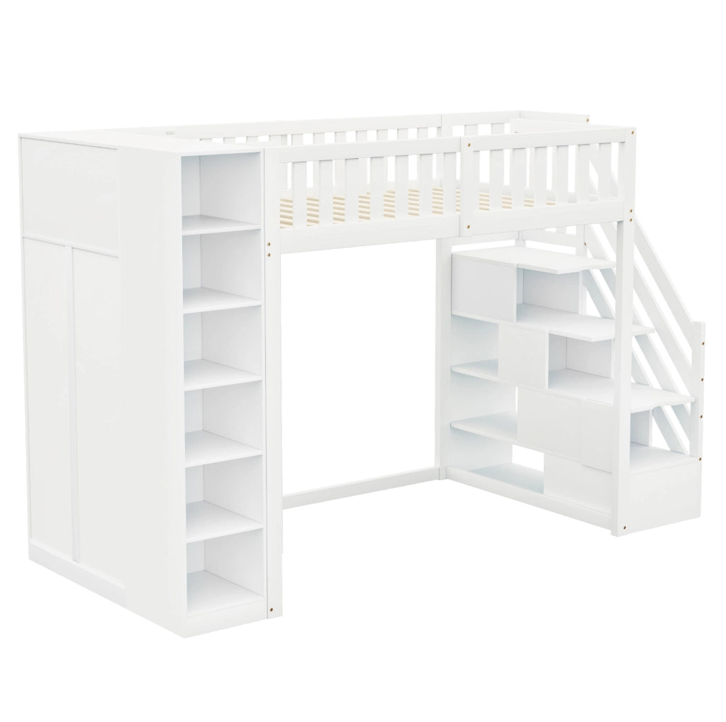 Letto a castello multifunzione 90x200 cm con armadio, scaffali e scaletta di sicurezza bianco