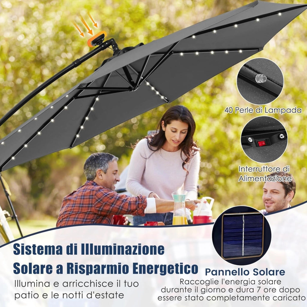 Ombrellone da Giardino 300 cm, 40 Luci LED Solari, Anti-UV, Inclinazione Regolabile, Manovella, 8 Stecche per Esterno Piscina Patio (Grigio)