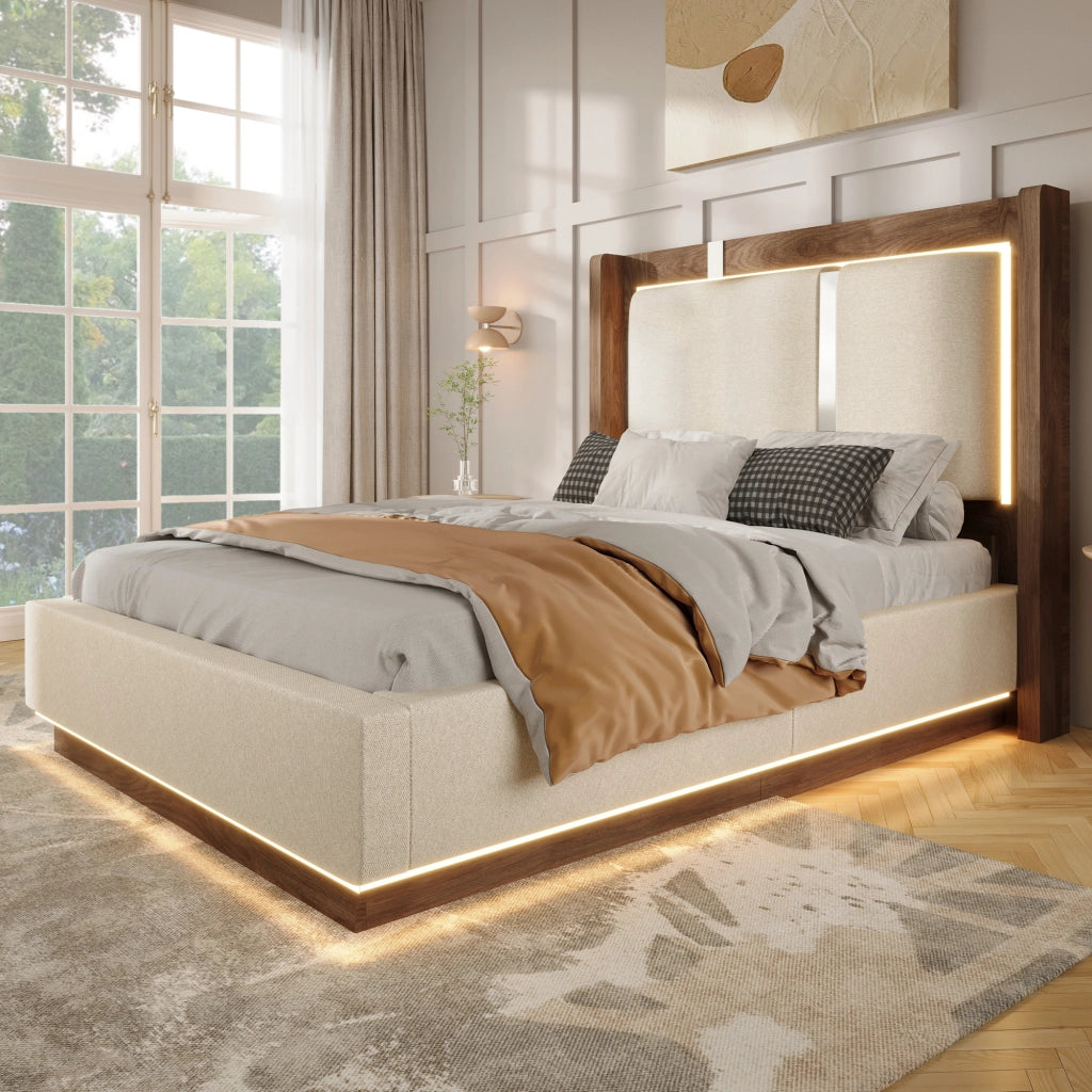 Letto singolo 90x200 cm con rete, LED, contenitore idraulico e testiera imbottita beige