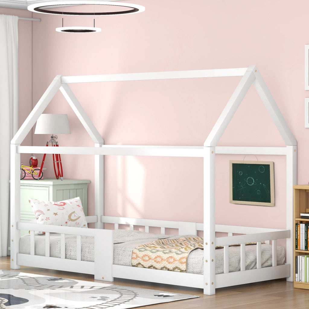 OKWISH Letto a Casetta 90×200 cm, Letto Singolo con Sponde di Sicurezza, Lavagna e 15 Doghe, senza Materasso, Bianco
