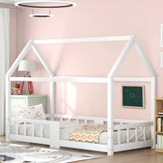 OKWISH Letto a Casetta 90×200 cm, Letto Singolo con Sponde di Sicurezza, Lavagna e 15 Doghe, senza Materasso, Bianco