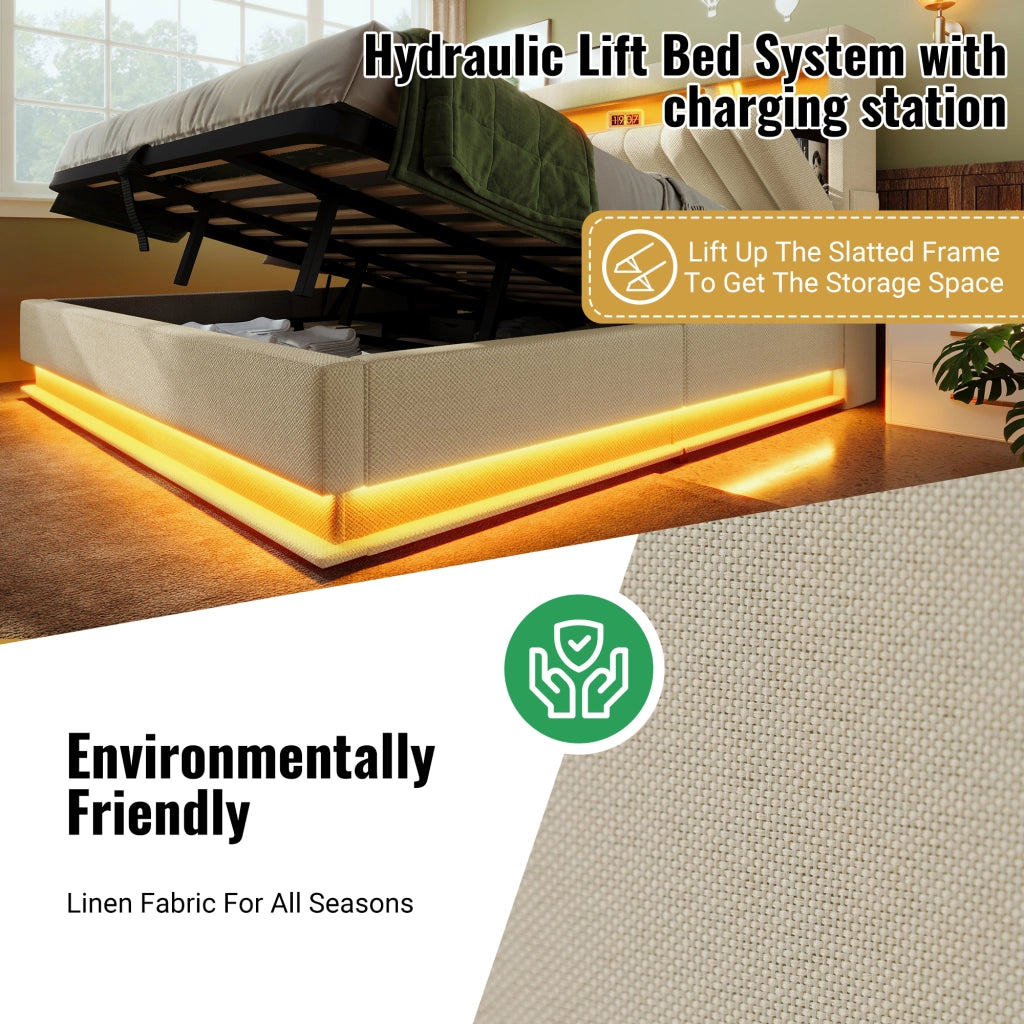 Letto Contenitore Letto Matrimoniale 160x200 cm; LED; USB e Type-C; in Lino Beige