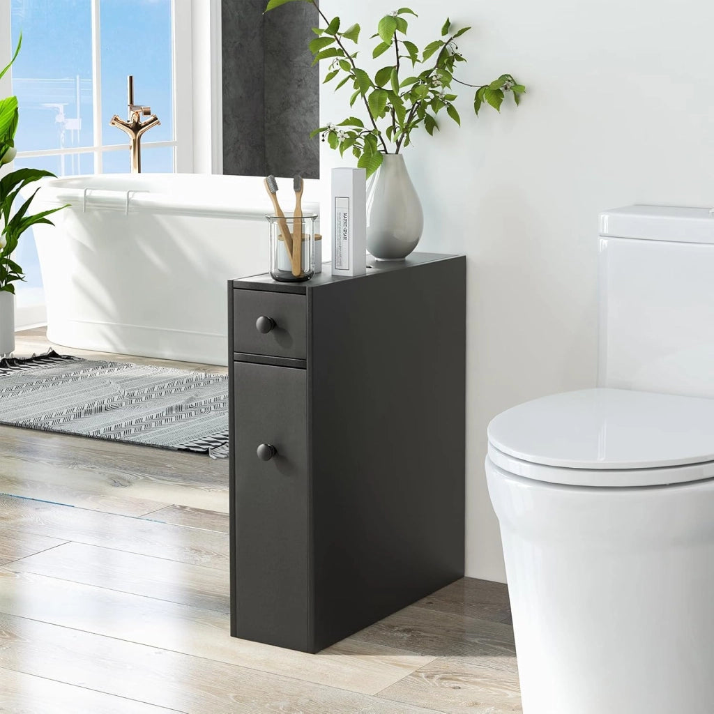 Armadio Sottile di Stoccaggio per Gabinetto, Armadietto Laterale da Bagno Multiuso in Legno (Nero)