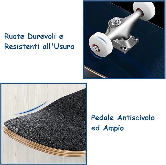 Skateboard Legno Principianti, Tavola in 7 Strati Acero, Staffa Lega Alluminio, PU Ruote, Double Kick Standard 79x20 cm, Superficie Antiscivolo, Longboard per Bambini/Adolescenti/Adulti, Nero