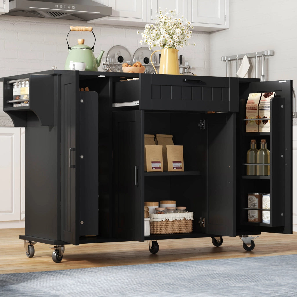 Carrello Da Cucina con 4 Ante 1 Cassetto e Piano Ribaltabile; Portasciugamani Laterali; in MDF; 120x45(70)x95 cm; Nero
