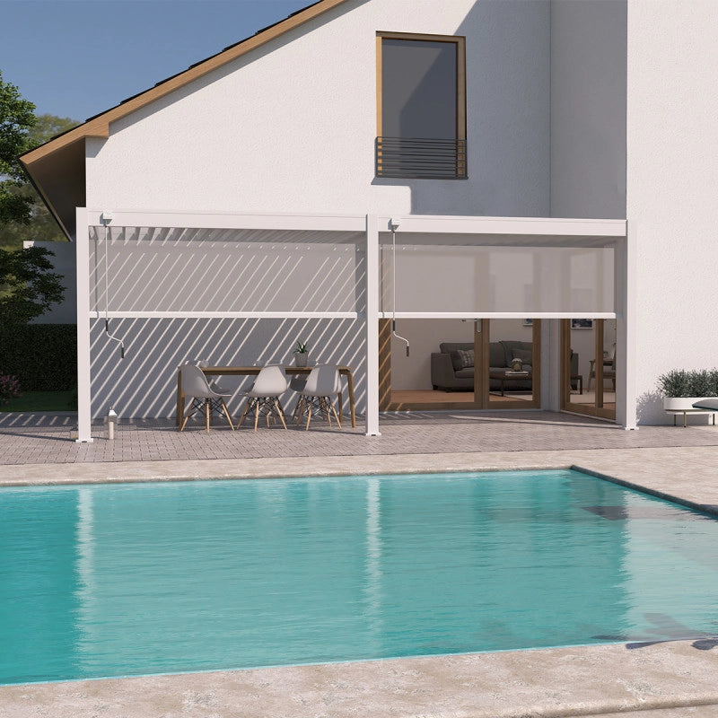 Pergola bioclimatica OmbrÃ©a adossata VS 3x6M Bianco + 2 tende
