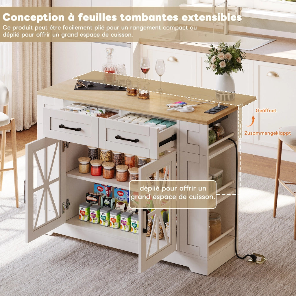 Carrello da Cucina con 2 Ante in Vetro; 1 Cassetto; 6 Ripiani Aperti; Prese e USB; Piano Pieghevole; MDF; 120 x 40 x 92 cm