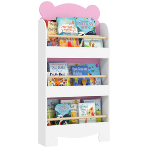 Libreria per Bambini 55x15x110 cm a Forma di Orsetto a 3 Ripiani con Barriere Frontali in MDF e Legno Rosa
