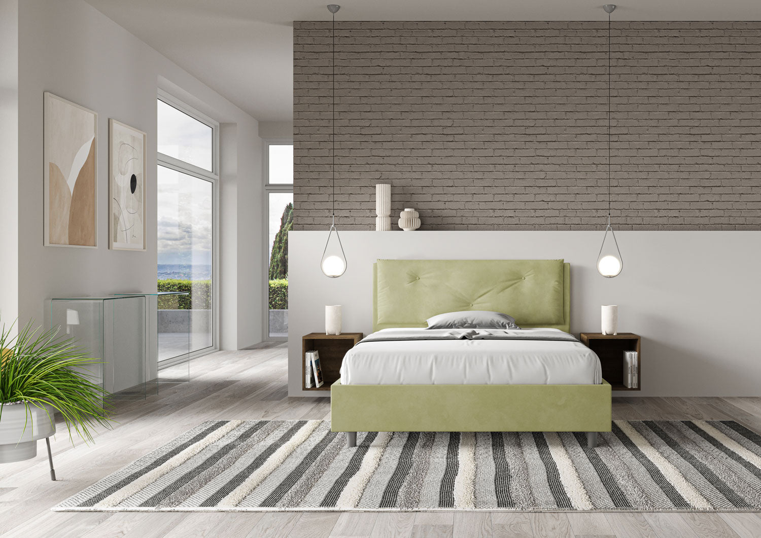 Letto Matrimoniale Francese 140x190 cm con Rete Imbottito in Microfibra Appia Large Tè Verde