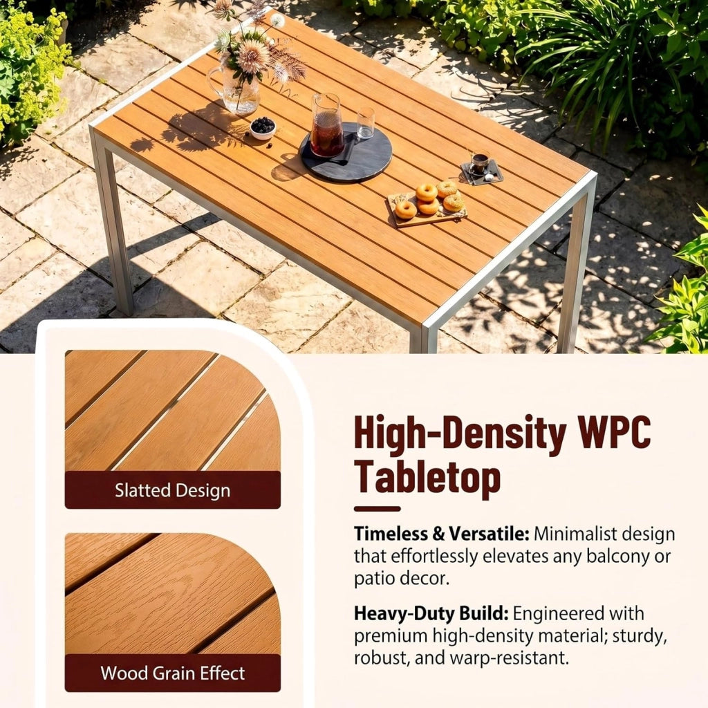 Tavolo da Giardino Moderno in WPC 110 x 70 cm, Tavolo da Pranzo per Esterno per 4-6 Persone, Tavolo da Balcone Salvaspazio in Alluminio, Design Effetto Legno,Marrone Teak + Grigio Chiaro