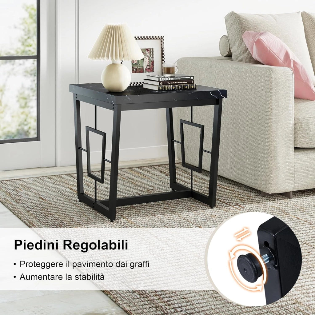 COSYWAY Tavolino da Salotto Quadrato, Tavolino Laterale Moderno con Piano in Marmo Sintetico, Solida Struttura in Metallo e Base a Forma di H, Mobile Versatile per Camera da Letto e Soggiorno