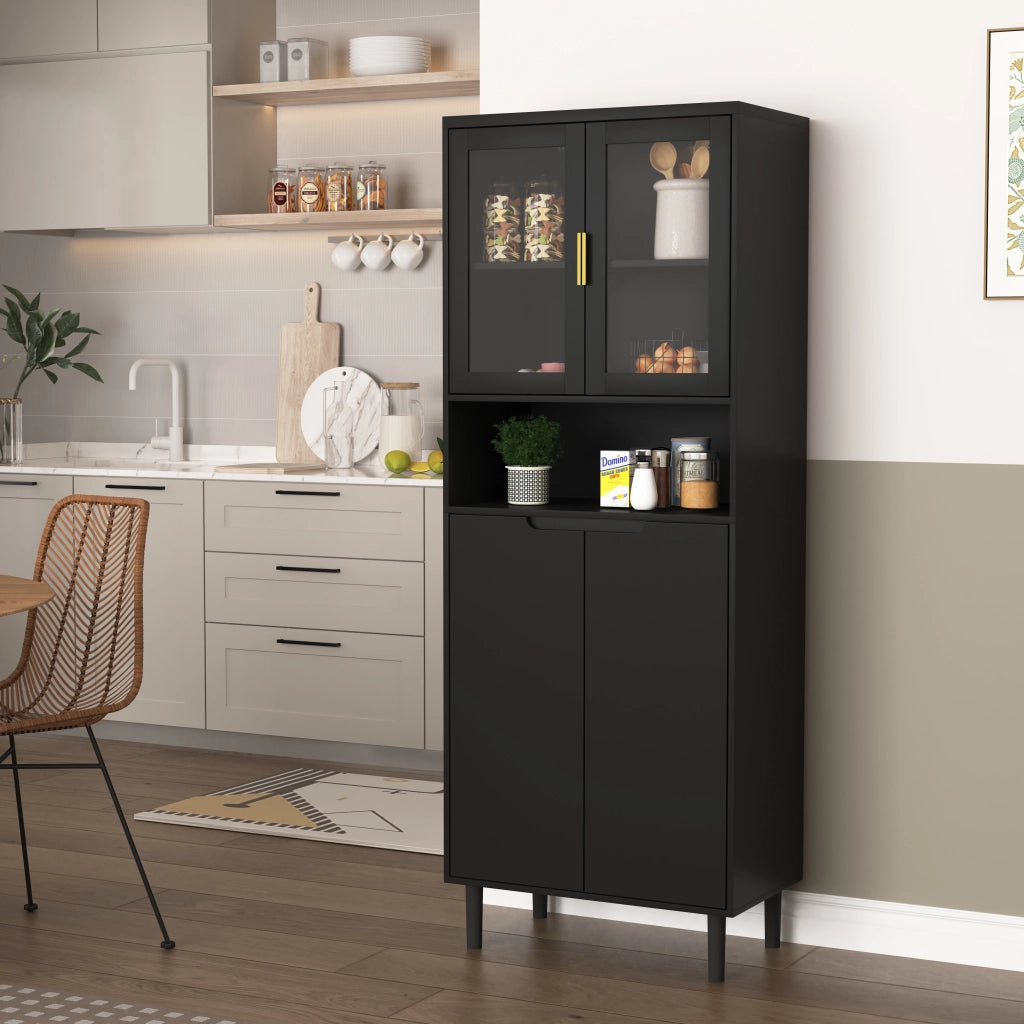 Mobile contenitore alto con ante in vetro temperato ripiani regolabili in MDF nero 60 × 35 × 160 cm