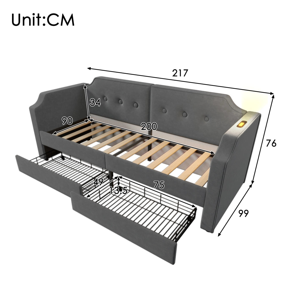 LETTO 90x200 cm in velluto grigio con 2 cassetti, USB Type-C e lampada da lettura