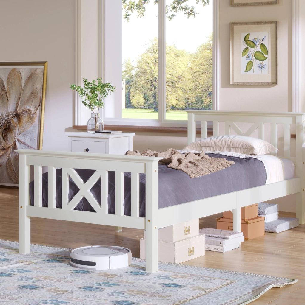 Letto singolo 90x200 cm con testiera a X e spazio contenitore; legno; bianco (Senza materasso)