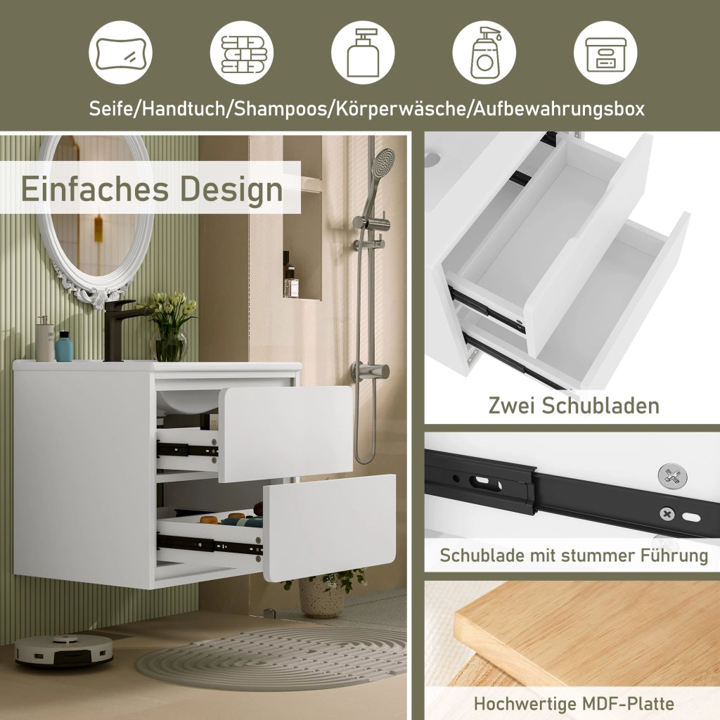 Armadietto da bagno sospeso con lavabo integrato, 2 cassetti, LED a sensore radar, MDF e ceramica bianco 60 × 46 × 50 cm