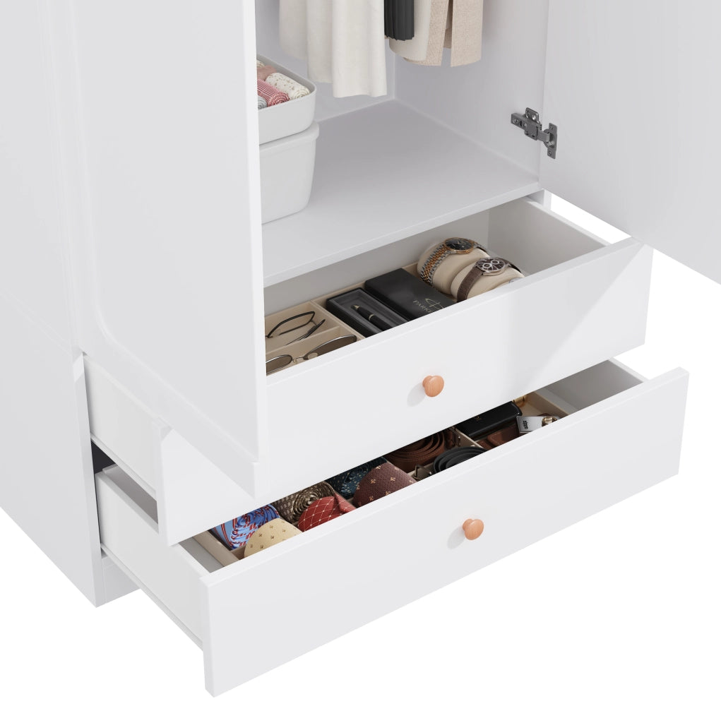 Armadio bianco con 3 aste appendiabiti e 4 cassetti; 225 x 45 x 200 cm