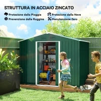 Casetta da Giardino 3.6m² in Lamiera di Acciaio con 2 Porte Scorrevoli e 4 Prese d'Aria, 236x174x190 cm, Verde