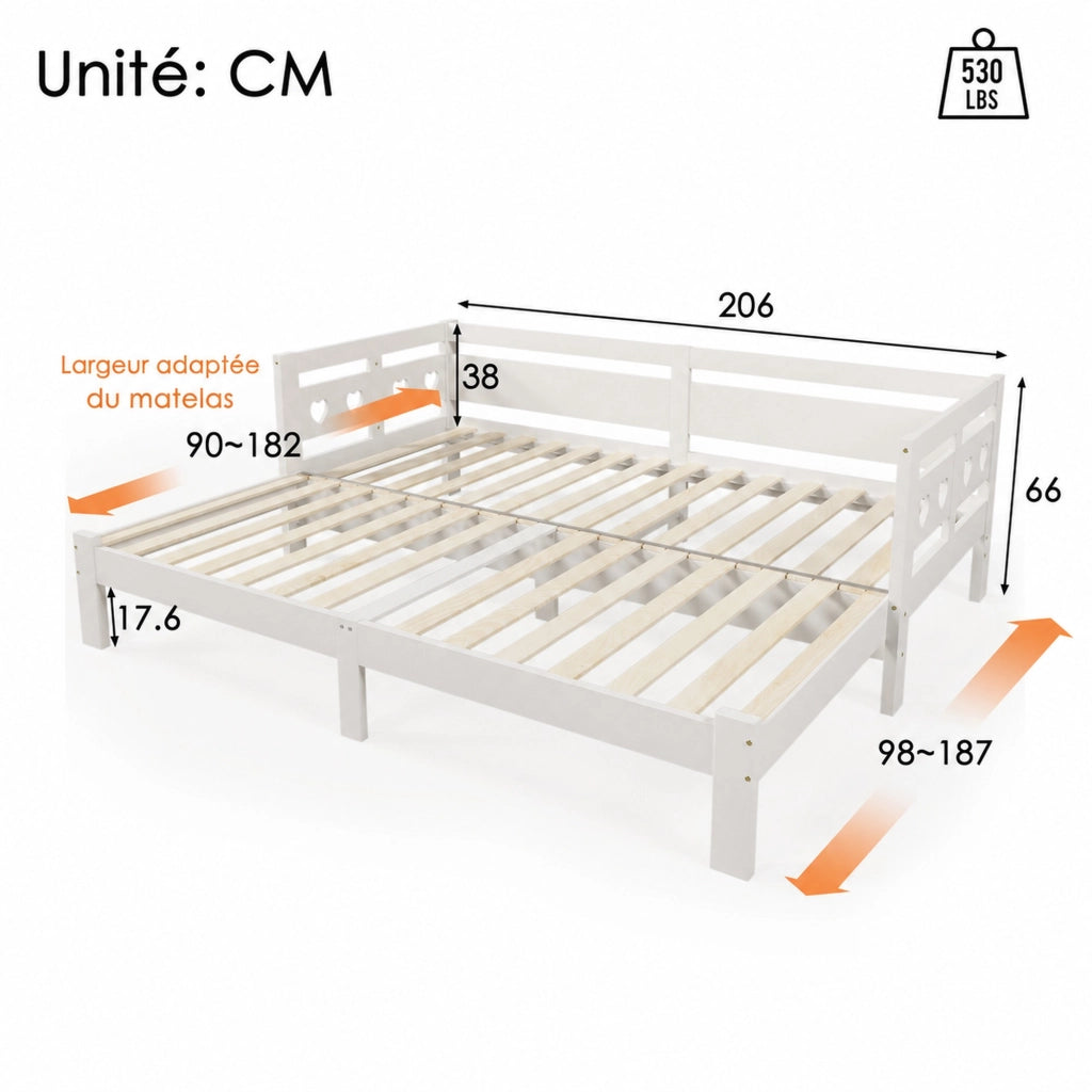DESMIU Divano letto 90 × 200 cm 2 posti con struttura estensibile, senza materasso, in legno, bianco