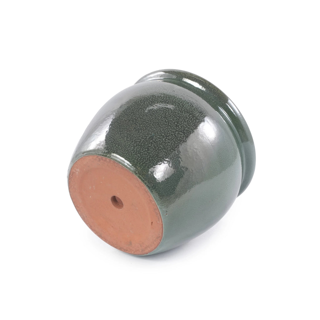 Fioriera in ceramica artigianale con finitura lucida anticato verde blu, traspirante e resistente al gelo Ø 30 cm