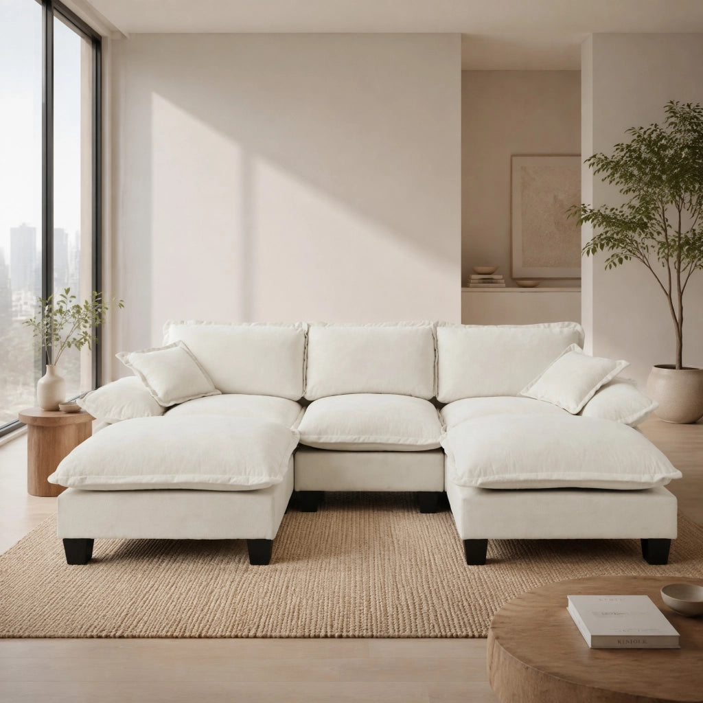Divano angolare modulare Cloud con ottomane rimovibili e cuscini, in Chenille, Beige 263 × 151 × 90 cm