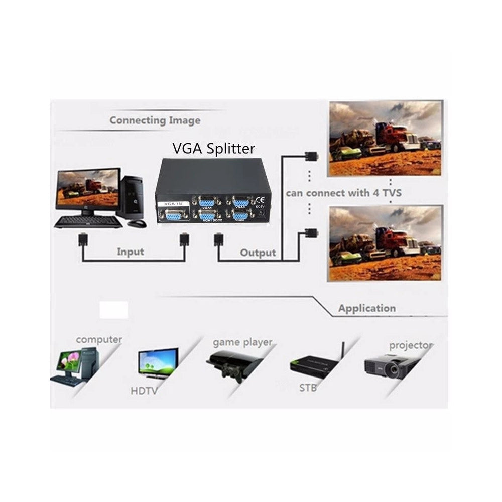 Trade Shop - Splitter Per Monitor Tv 4 Porte Vga 200 Mhz Alimentatore Dc 1920x1440 Vga-2004 -