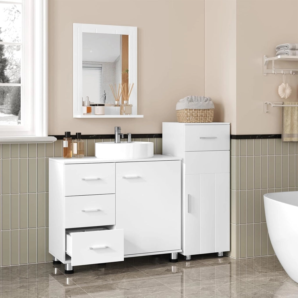 Mobiletto Sotto Lavabo con Ripiano Regolabile, Mobile da Bagno Freestanding con Anta a Cassetto, 70x60x30 cm, Mobiletto da Bagno Bianco