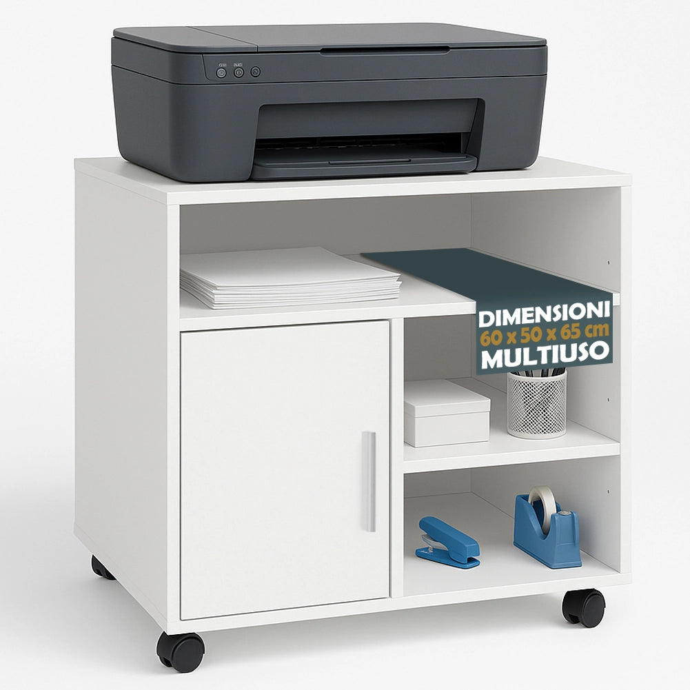 Mobile Porta Stampante Multiuso Salvaspazio 60x50x65 cm Legno Bianco