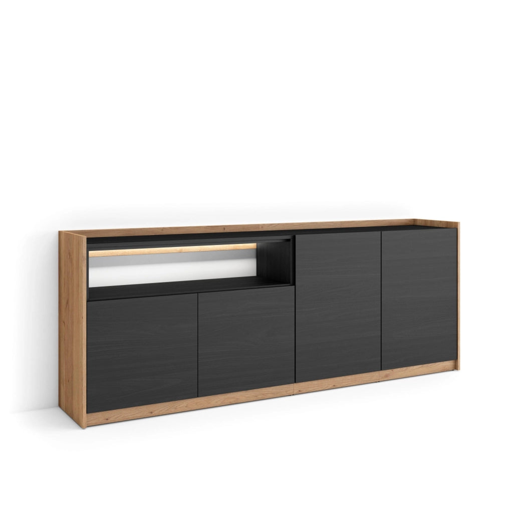 Credenza, Mobile, Cucina, 207x80x37 cm, 4 Porte, LED, Nero e rovere
