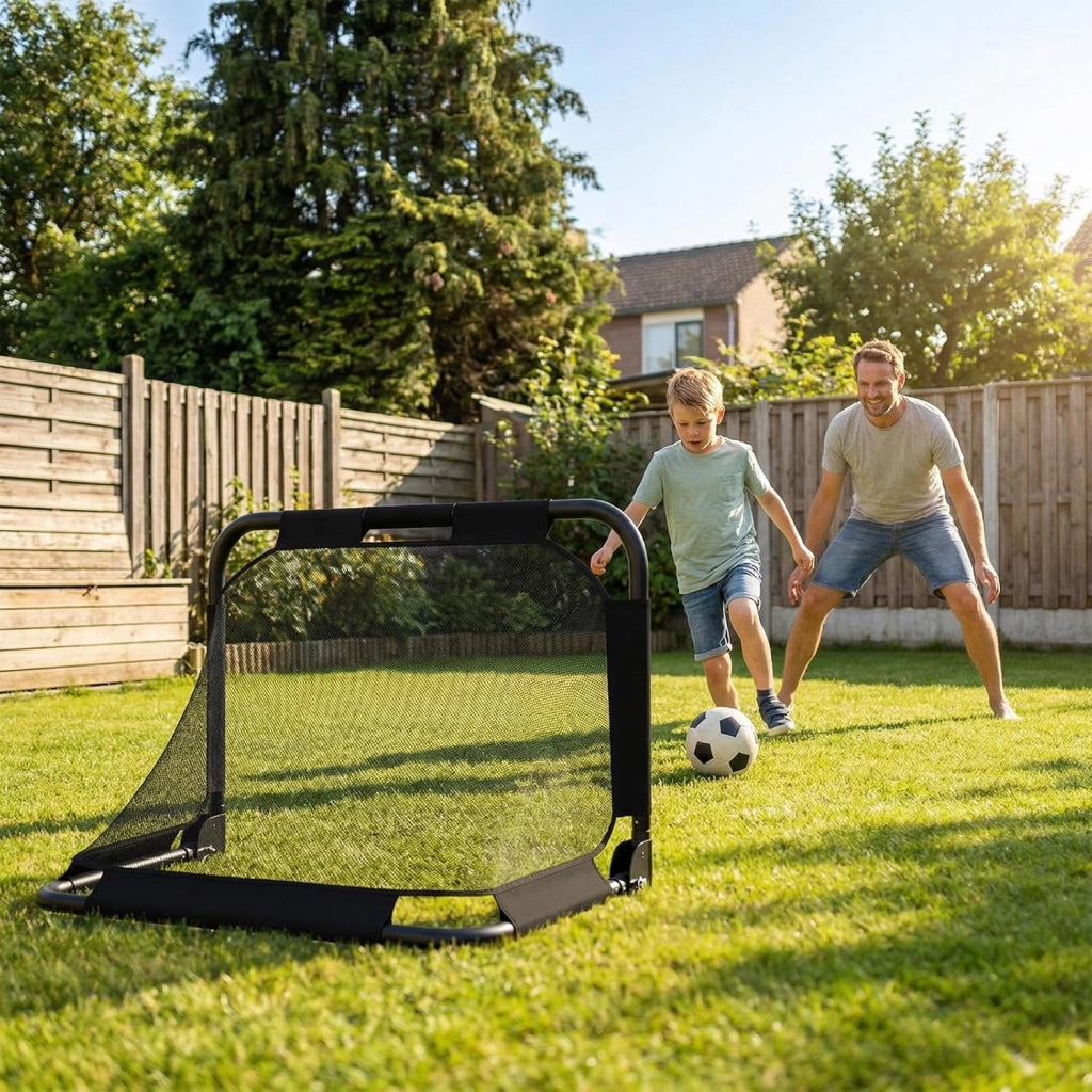 Porta da Calcio Pieghevole, Mini Rete da Calcio per Bambini con Tubo in Metallo e 4 Picchetti, Kit da Allenamento per Bambini 6+ Anni, per Parco, Spiaggia e Cameretta, 91 x 62 x 62 cm