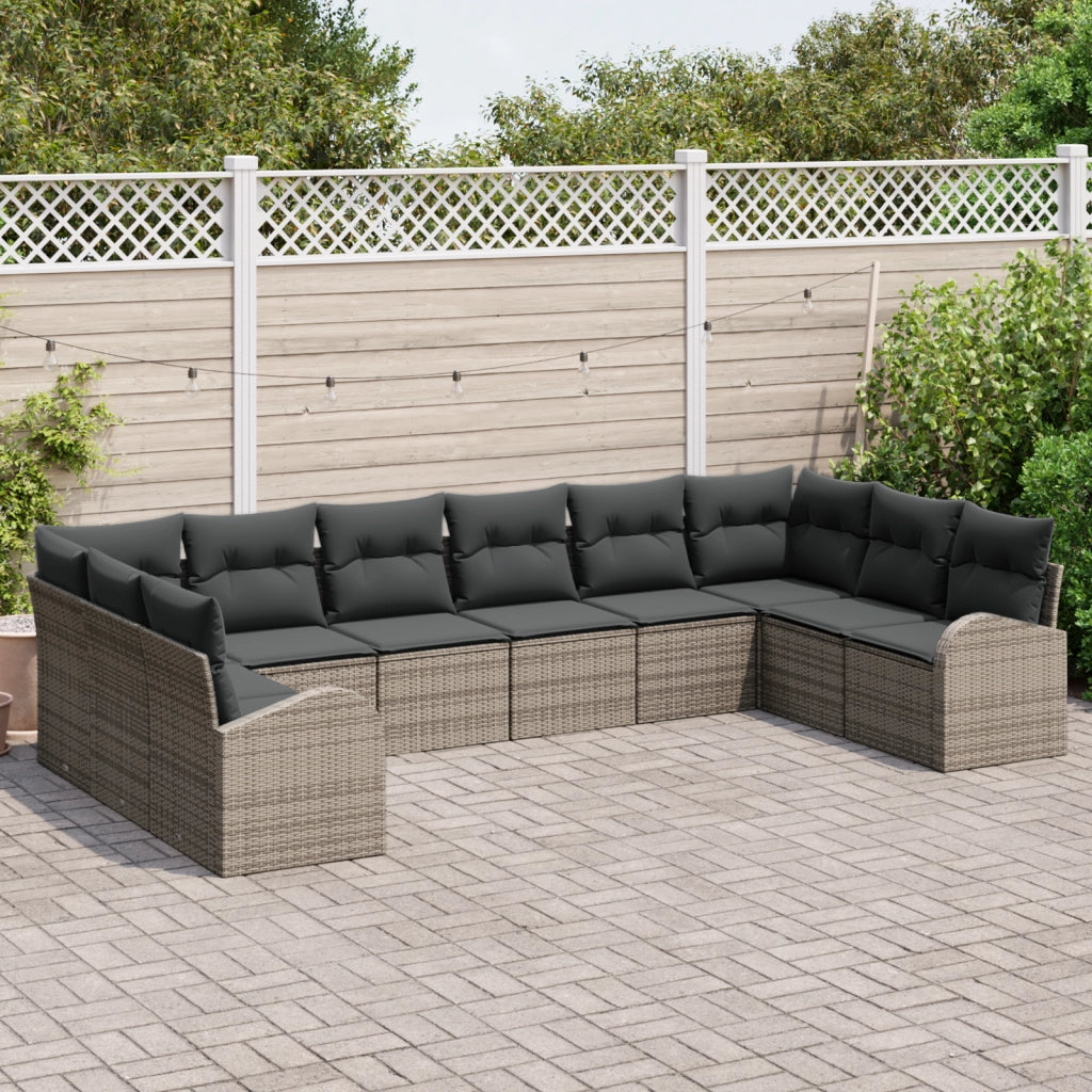 Set divano da giardino  10 pezzi con cuscini grigi in polyrattan
