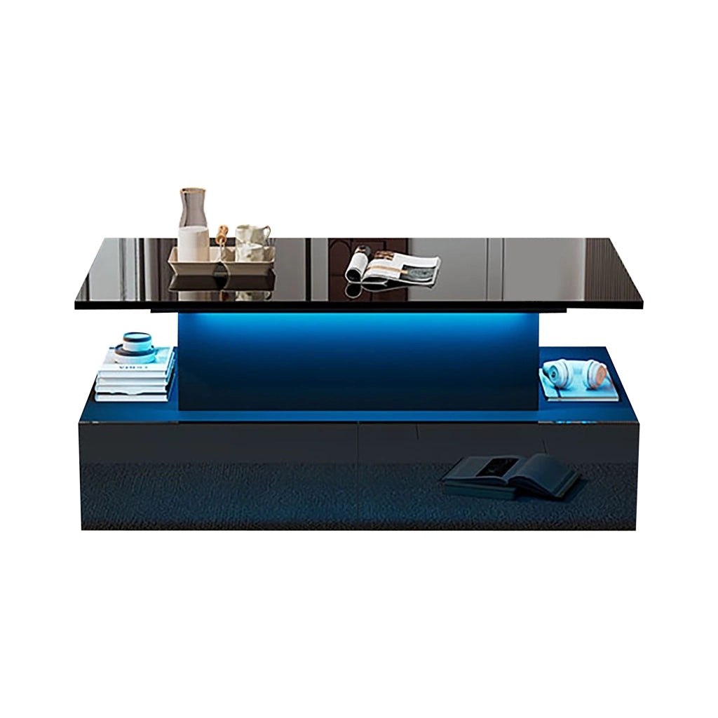 Tavolino da caffè alzabile con 4 Cassetti e LED; piano scorrevole; per soggiorno; in truciolato; 90 × 55 × 41 cm; Nero