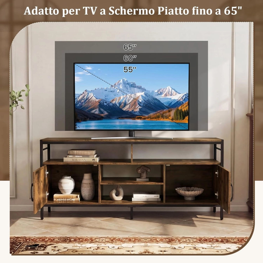 Mobile TV Soggiorno fino a 65", con 2 Armadietti e 4 Ripiani Aperti, Tavolino Porta TV con Gambe in Metallo, Centro di Intrattenimento per Soggiorno Camera da Letto (Marrone, 147 x 35 cm)