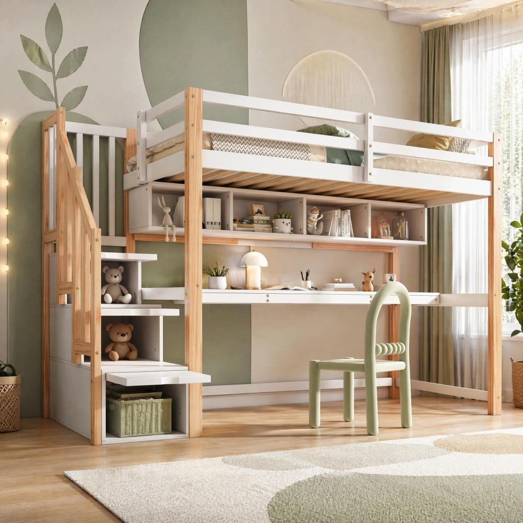 Letto a soppalco per bambini 90x200 cm con scrivania integrata e scala contenitore; bianco e rovere