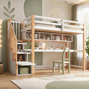 Letto a soppalco per bambini 90x200 cm con scrivania integrata e scala contenitore; bianco e rovere
