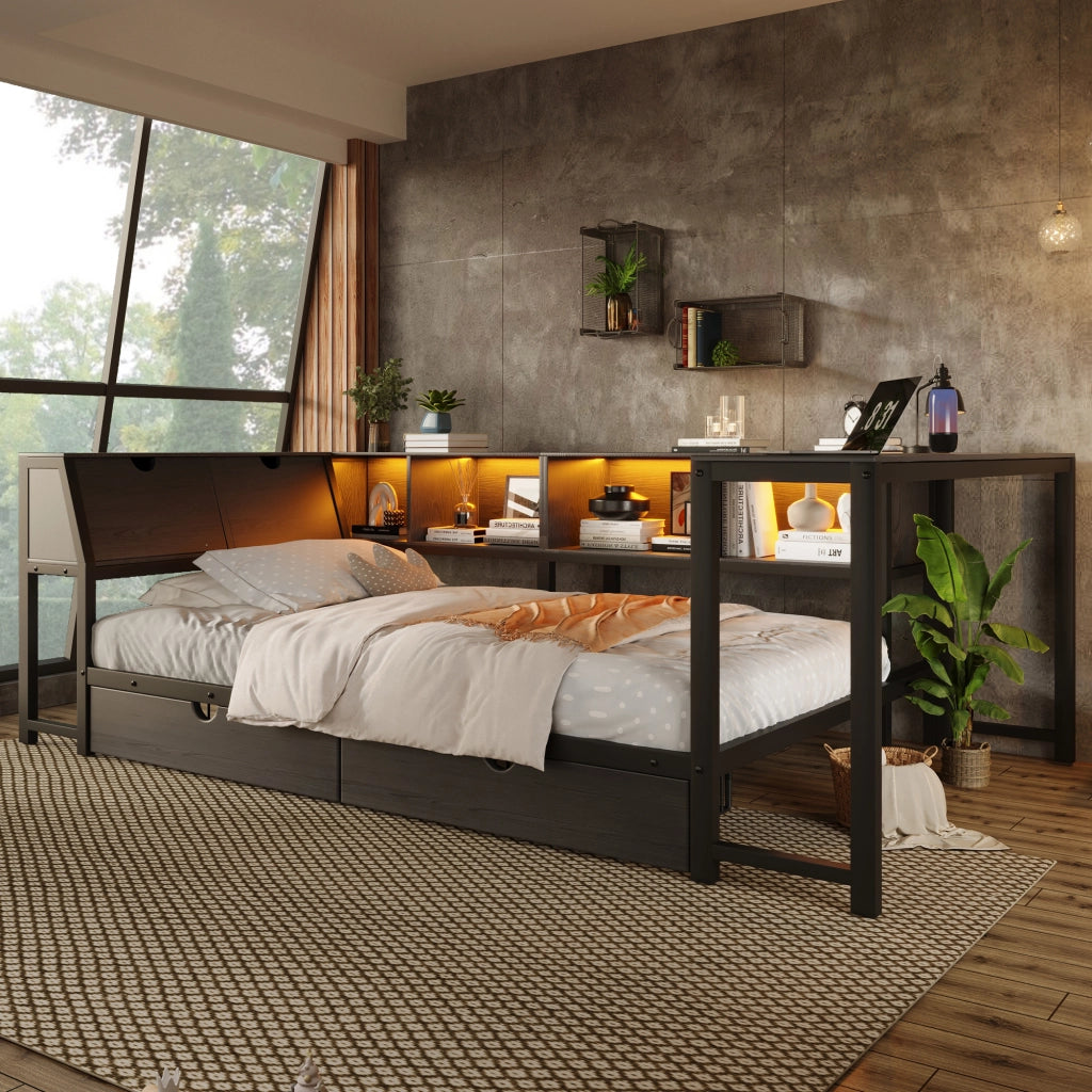 Letto singolo multifunzione 90x200 cm con scrivania; LED e cassetti; nero