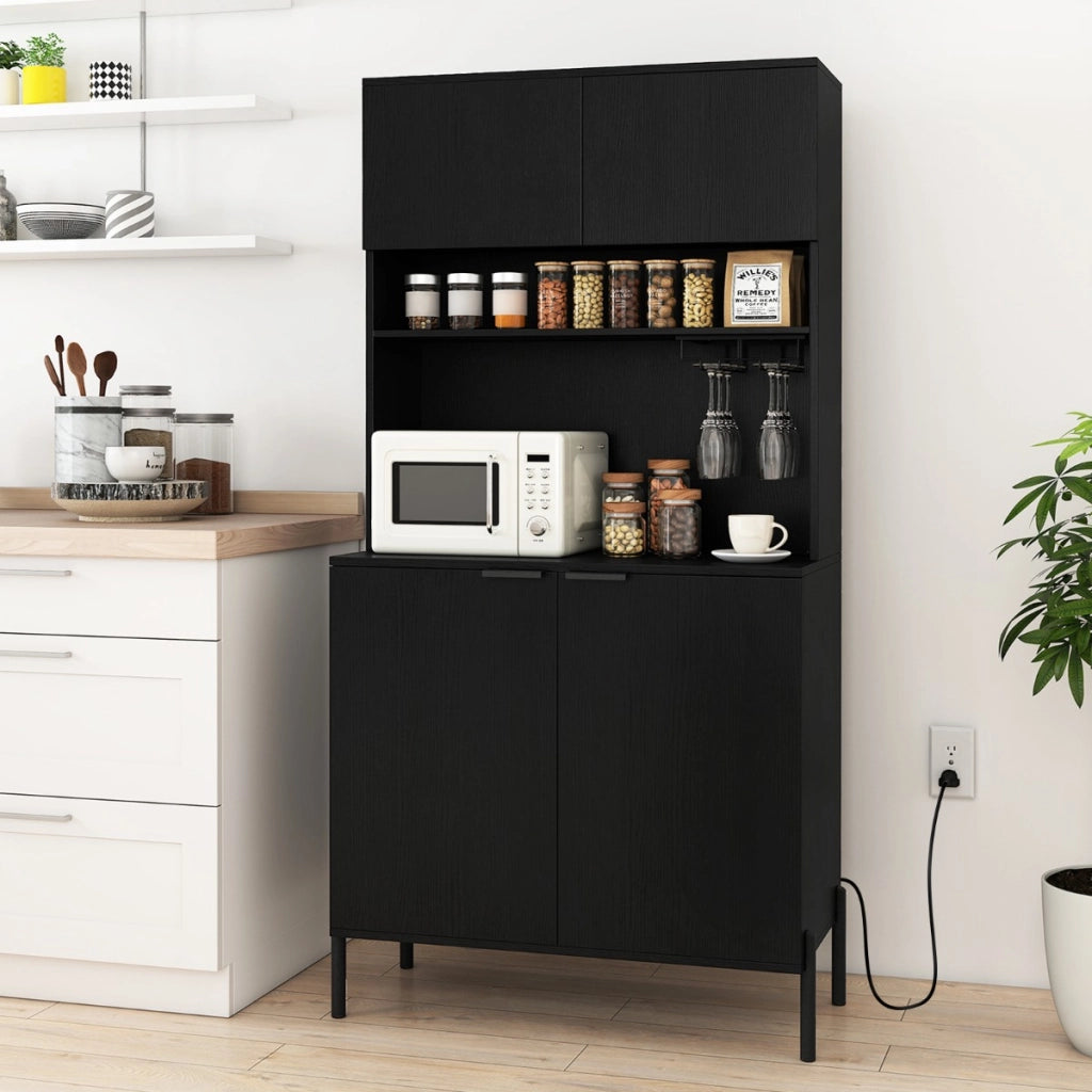 Mobile dispensa da cucina con stazione di ricarica mobile bar vini con porta bicchieri, Mobile armadietto per sala da pranzo Nero-Credenze buffet