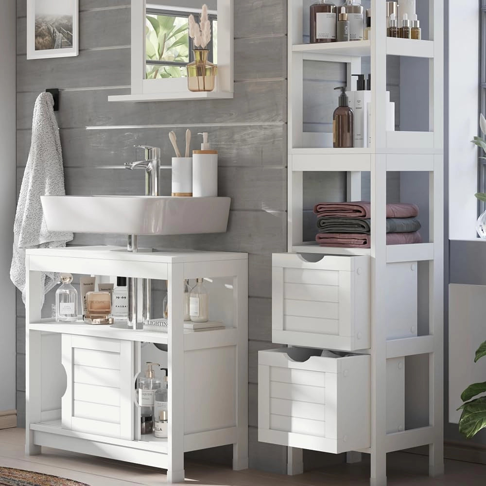 Set di mobili da bagno Vilda, Bianco, 60 cm, composto da mobile sottolavabo, specchiera e colonna alta