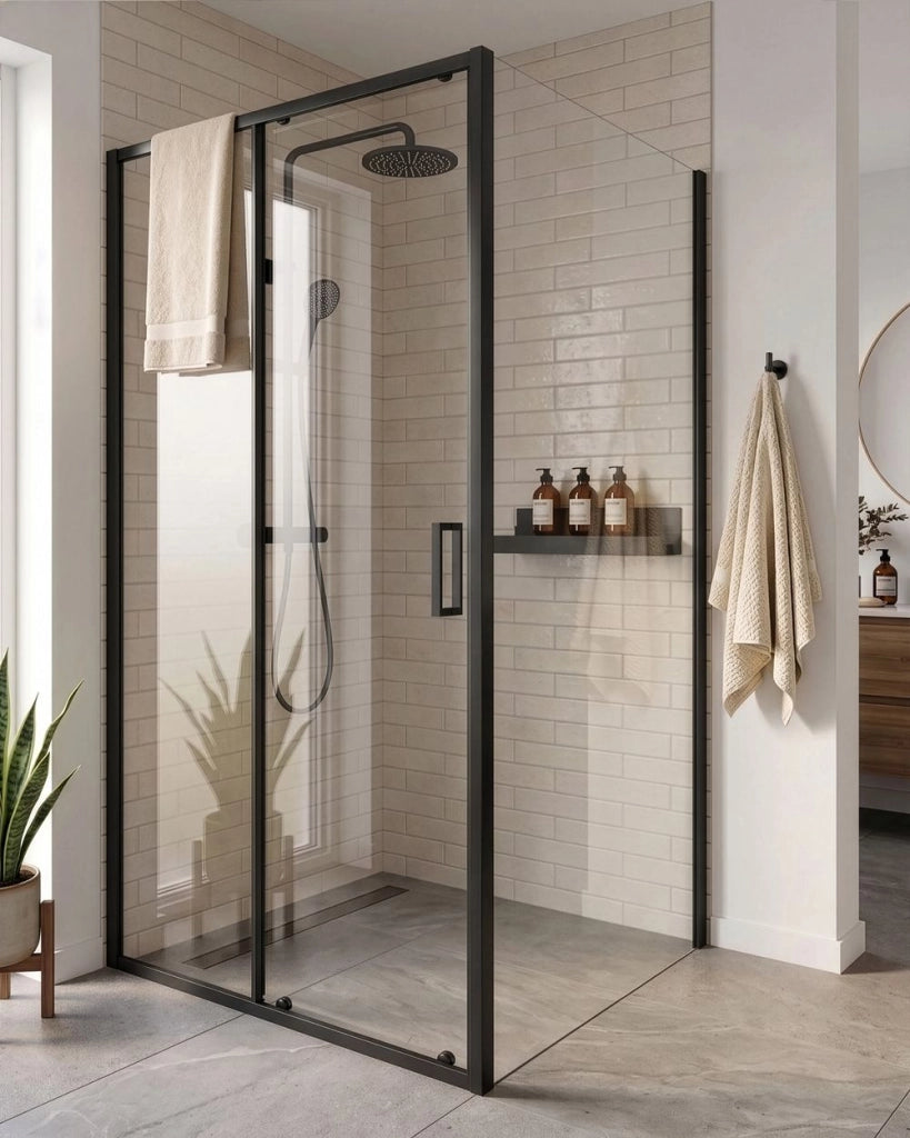 Cabina doccia moderna in vetro temperato con porta singola e profili in alluminio nero 90 x 120 x 190 cm