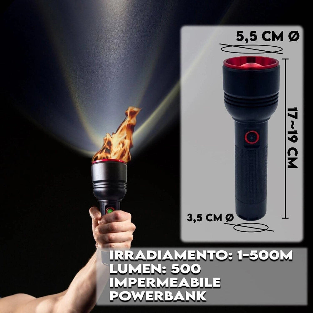 Trade Shop - Torcia A Led Professionale Ricaricabile Potente Luce Zoom Fino A 500mt Powerbank -