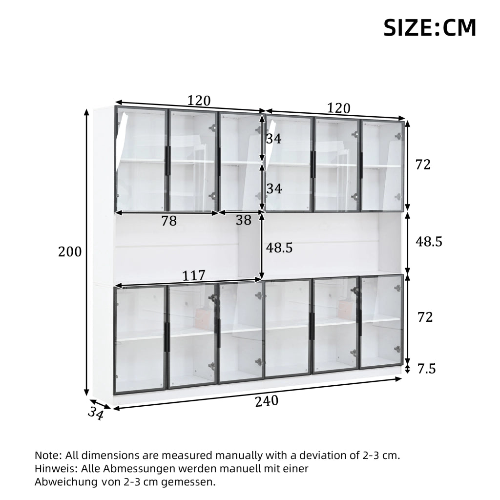 Vetrina con LED e 12 ante in vetro, per soggiorno e sala da pranzo, in MDF e vetro, bianco, 240 × 34 × 200 cm
