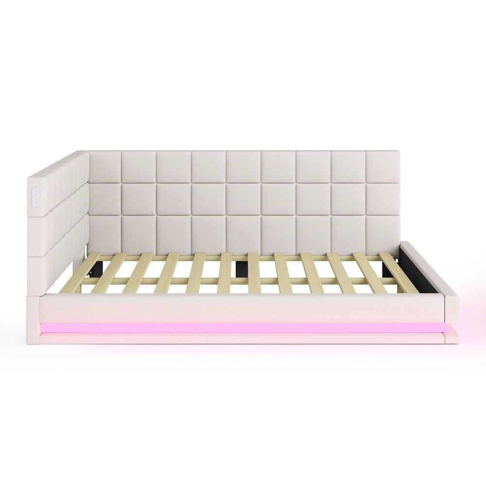 Letto Imbottito Matrimoniale con LED e USB ¨C MINIMAL ¨C Lino Beige 140x200 con Rete a Doghe