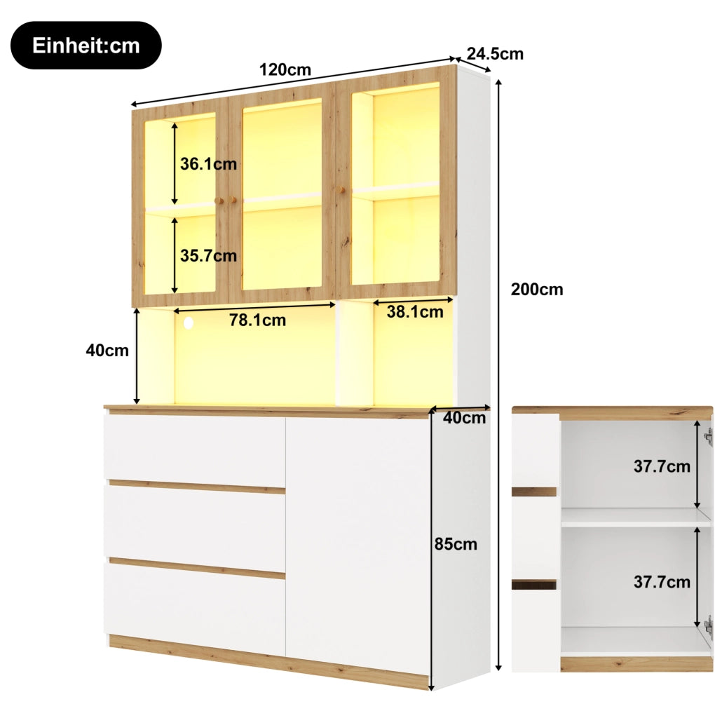 Mobile alto vetrina con LED; 120x200 cm; in MDF bianco ed effetto rovere