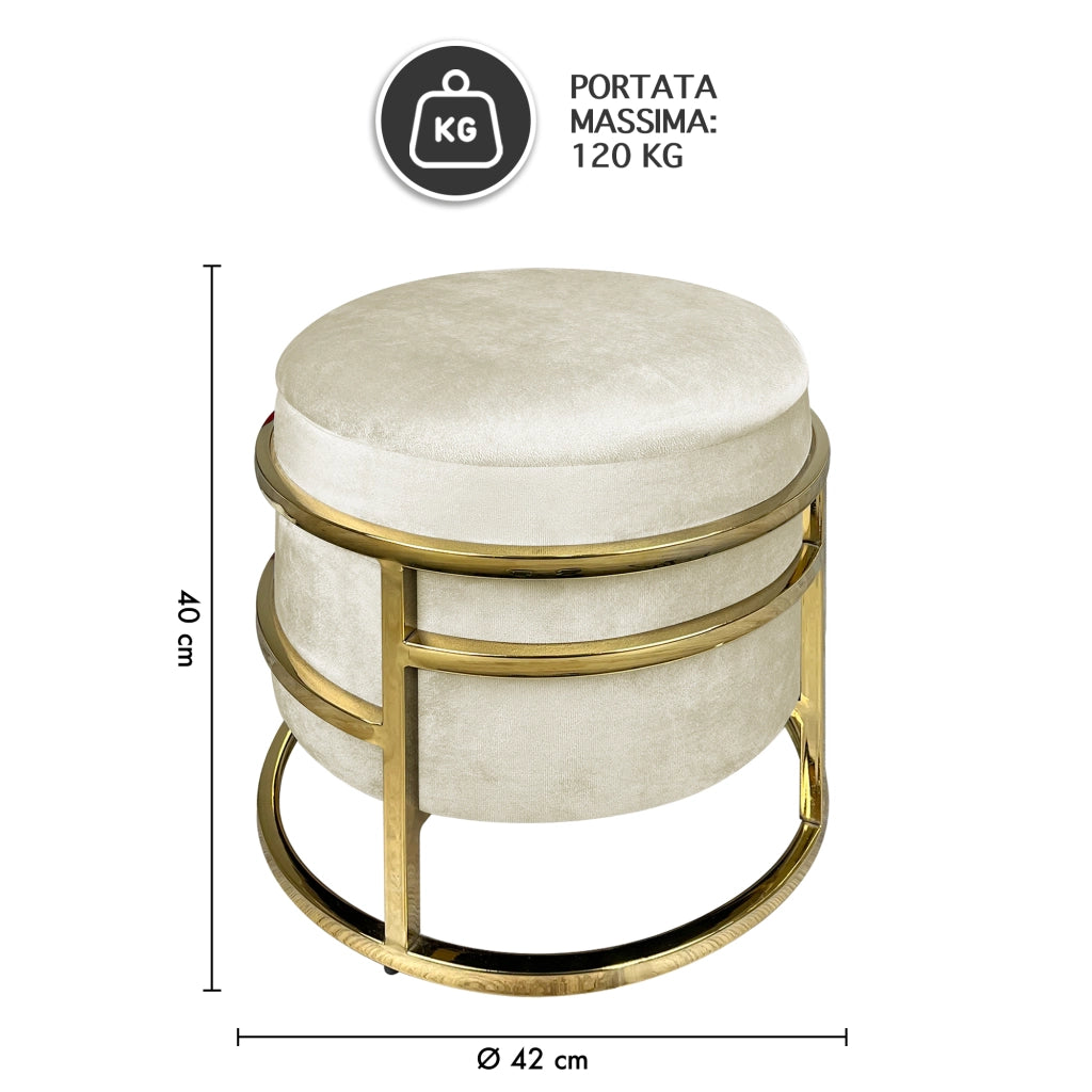 Pouf Contenitore Poggiapiedi Velluto Con Struttura Circolare Cromata Oro Elegante Imbottito Sgabello Per Toeletta Mobile Trucco Ottomano Ingresso Camera Da Letto Rotondo - Beige