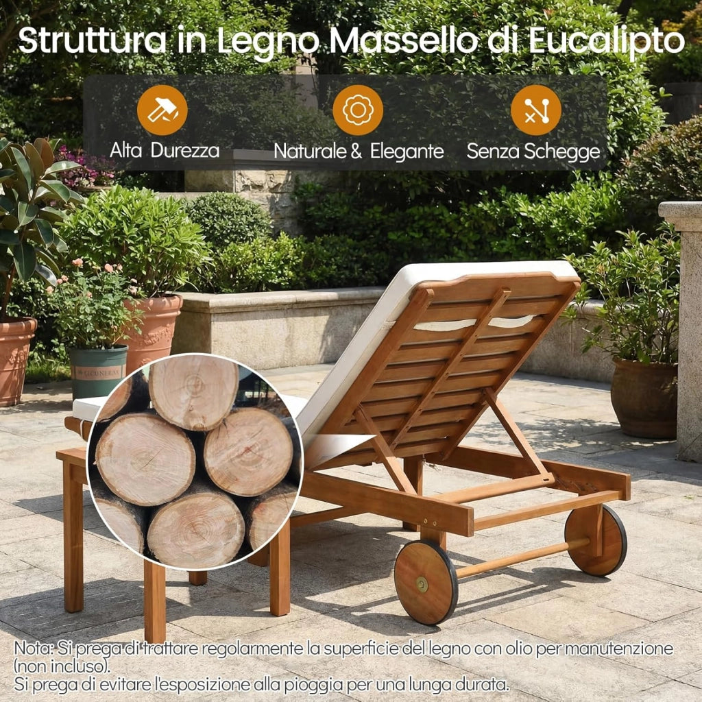 Lettino Prendisole Pieghevole, Lettino da Giardino in Legno di Eucalipto con Ruote e Cuscino, Schienale Regolabile 6 Posizioni, Tessuto Senza Fluoro, per Piscina e Spiaggia, Portata 160 kg (2)