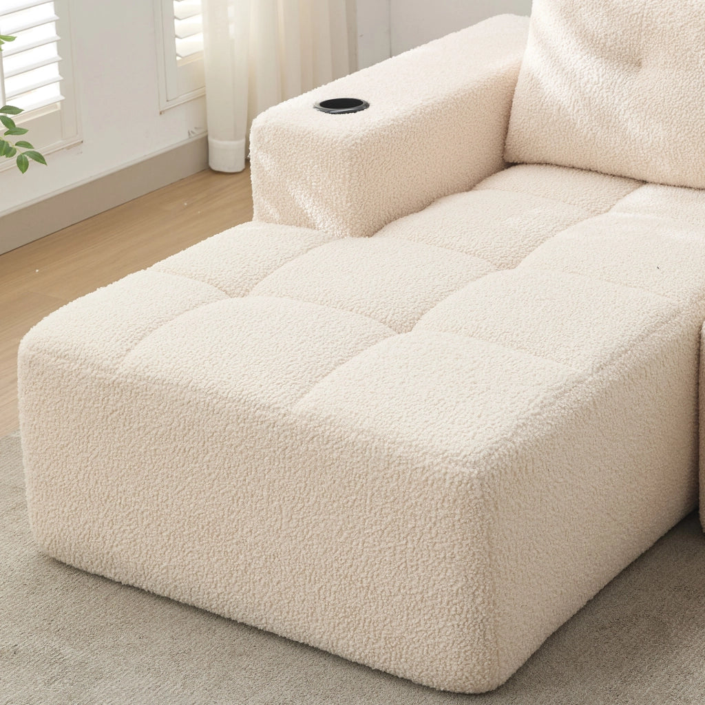 Divano ad angolo 4-5 posti con portabicchieri in poliestere beige 258 cm