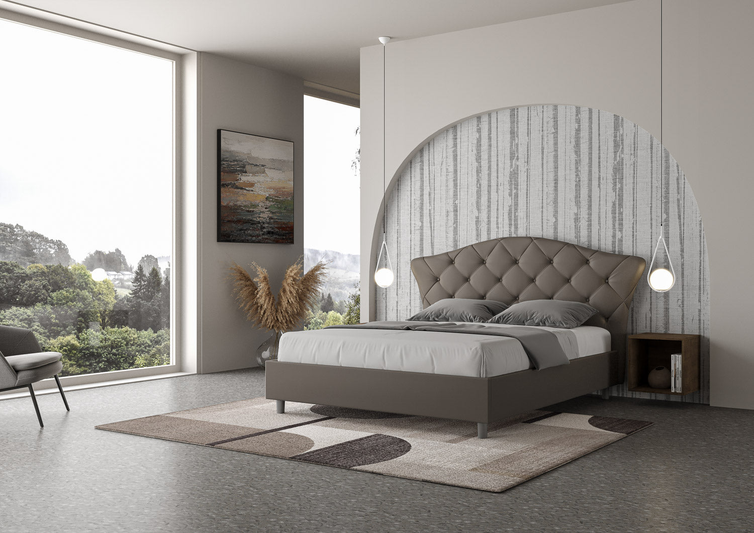 Letto Matrimoniale 160x200 cm con Rete con Testata Imbottito in Similpelle Langre Cappuccino
